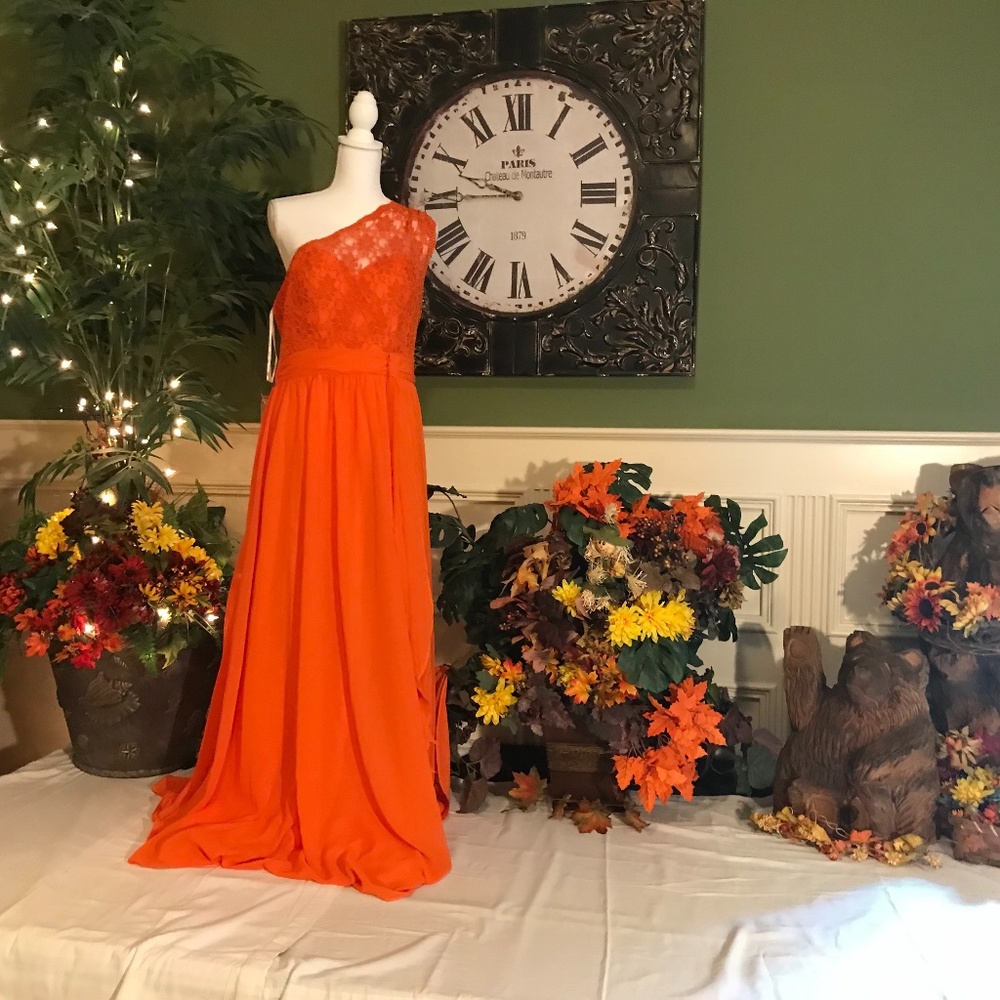 Orange chiffon with lace one shoulder Formal evening dress